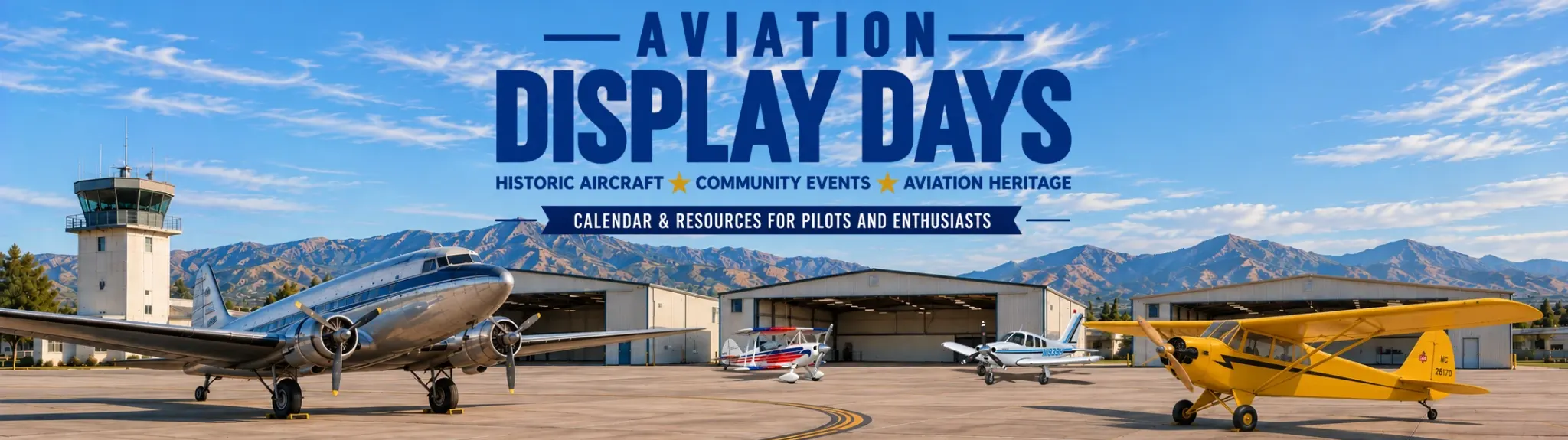 Aviation Display Days banner with historic and general aviation aircraft at an airport